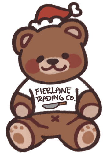A brown teddy bear with a smile on its face, wearing a red and white long hat and a t-shirt that reads "Fierlane Trading Company" with an image of a knife below it. I assure you it looks VERY polite.