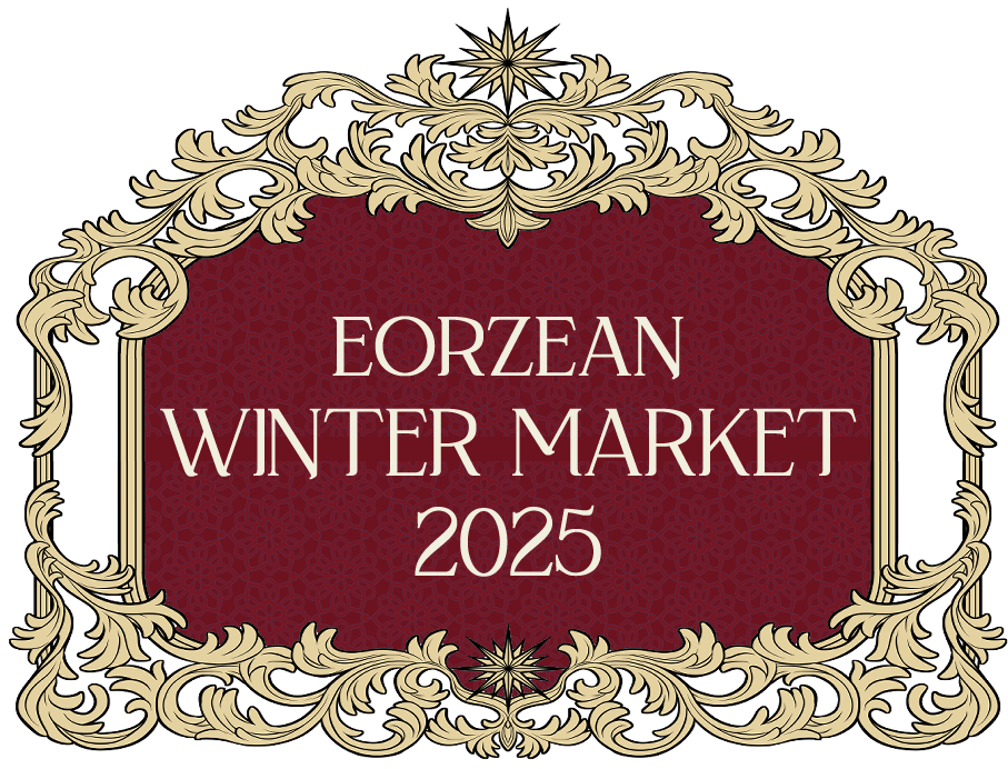 A gold framed placard with a red background, reading Eorzean Winter Market 2025.