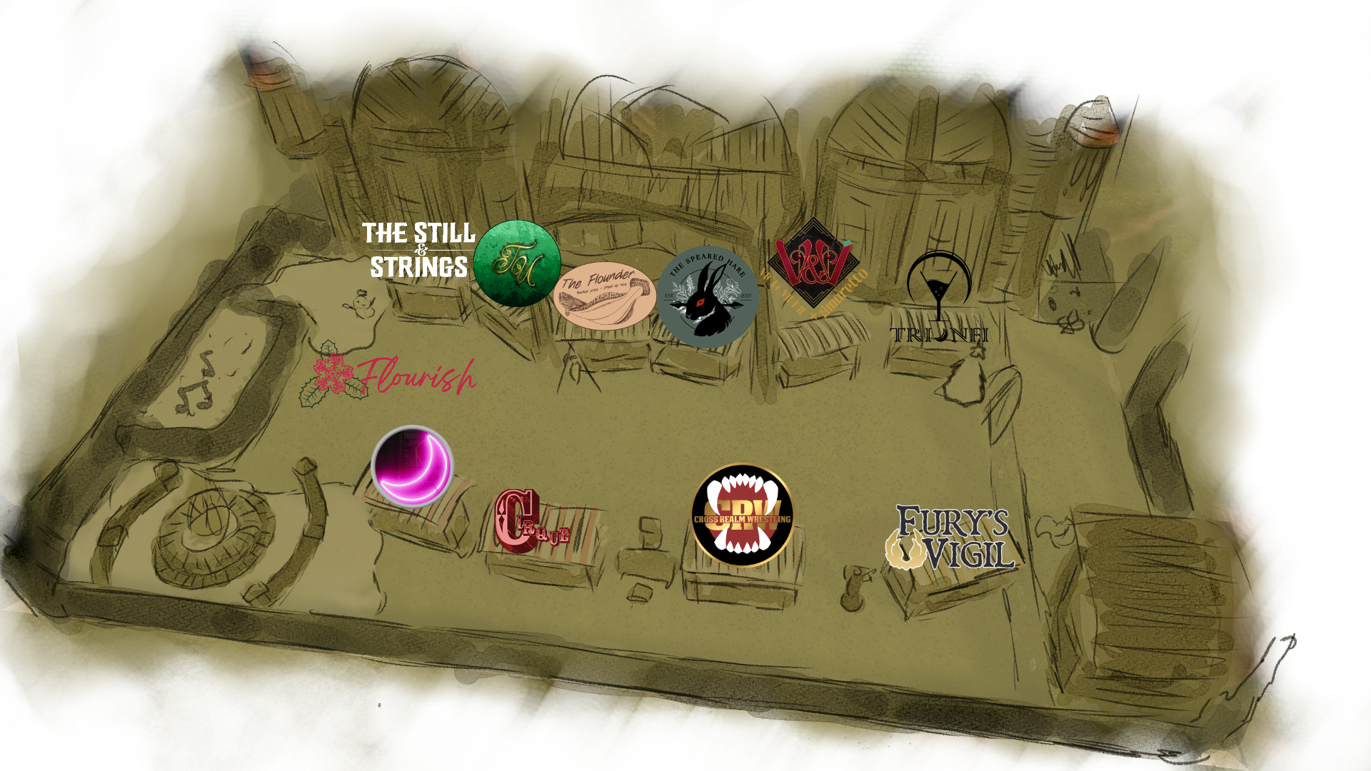 A map of the winter market set up. When entering the yard, stalls are as follows by order from closest to entrance to furthest. For the right hand side: Trionfi, Vice & Virtue x Amaretto, The Speared Hare, The Flounder, The Undergrowth, and The Still & Str