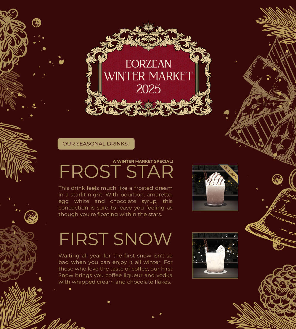 Trionfi's Winter Market seasonal drinks menu. There are two drinks. The first drink, Frost Star, is a bourbon, amaretto, egg white, and chocolate syrup concoction. The second is First Snow, which is made with coffee liqueur and vodka, whipped cream & choco